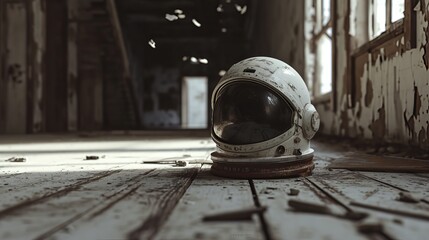 Weathered Space Exploration Helmet Resting in a Deserted Building Illuminated by Sunlight - obrazy, fototapety, plakaty