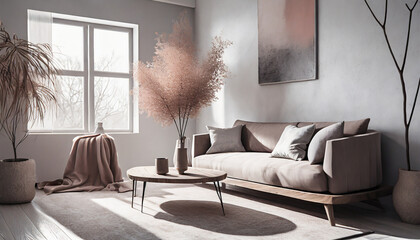 Modern Scandinavian living room. Neutral palette, clean lines. Minimalist furniture, Nordic decor. Subtle feminine touches like soft textiles and abstract art complement the modern Scandinavian aesthe - obrazy, fototapety, plakaty