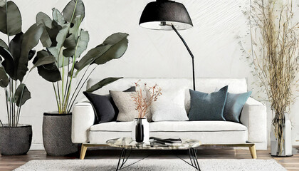 Modern Scandinavian living with a chic sofa and trendy vase, ideal for home staging, blending simplicity and style seamlessly.