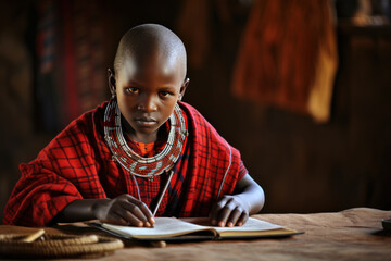 Young Masai child engaged in studying with a serious expression