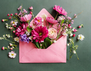Pink envelope with spring flowers. Floral composition, creative layout. Flat lay, top view. Spring, summer or garden concept. Present for Woman day