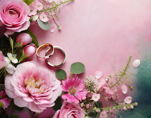 pink floral background with flowers and wedding rings