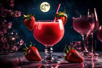 Envision a surreal yet refined portrayal of a Strawberry Daiquiri on a reflective surface, under the soft glow of moonlight. 

