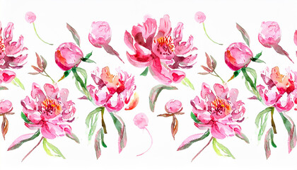 Playful peony pattern_ beautiful peonies_ many pink flowers_ watercolor drawing