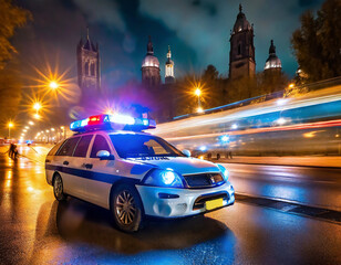 Fototapeta na wymiar Police car in action with blinking light and siren signal at night in the city. Blurred bokeh background, public lighting lamps.