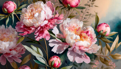 Playful peony pattern_ beautiful blooming pink peonies_ natural floral background