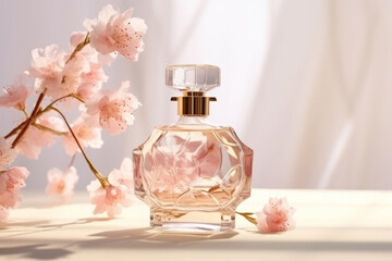 Obraz na płótnie Canvas Feminine floral perfume bottle with wood and sakura.