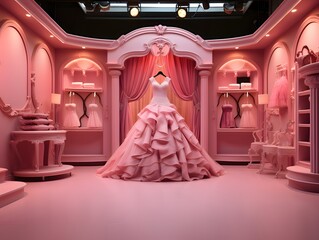 Beautiful ruffled long dress on a hanger in the pink room.