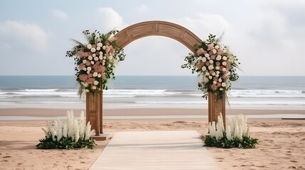 Fototapeta na wymiar beautiful wooden decorative arch with flowers on the beach, white walkway for wedding ceremony