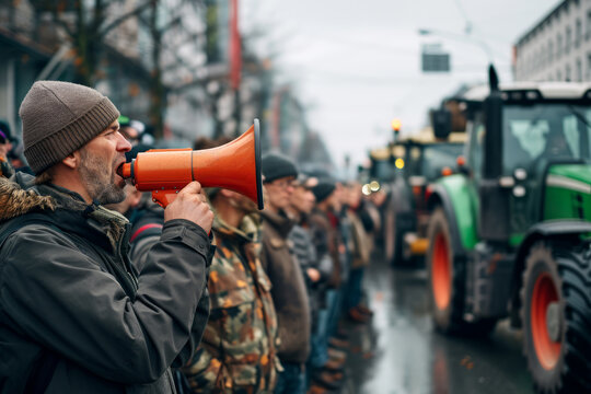 Farmers strike in city. People on strike protesting protests against tax increases, abolition of benefits by standing next to tractors on big city street