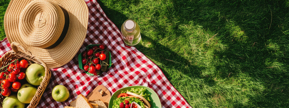 Summer picnic scene over lush green grass.