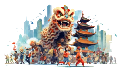 Papier Peint photo autocollant Carnaval Chinese Lion Dance, transparent Background, Modern Chinese City Illustration, Mid Century Illustration generative ai