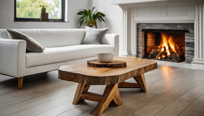 Rustic live edge coffee table near white sofa against fireplace. Minimalist home interior design of modern living room.
