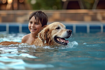 Childhood Soak: Joyful Moments as a Kid and His Dog Dive into Pool Fun Together