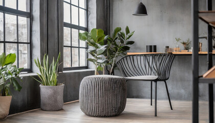 Fototapeta na wymiar Scandinavian industrial haven. Charcoal tones, metal accents. Industrial-style furniture, clean lines. Feminine industrial touches like soft textiles and botanical artwork soften the industrial aesthe