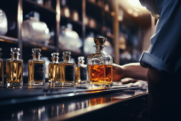 Perfumer creating perfume with tweezers, bottles in background. - obrazy, fototapety, plakaty