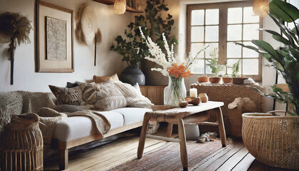 Obraz premium Scandinavian farmhouse fusion. Earthy tones, rustic textures. Farmhouse-style furniture, Nordic decor. Feminine farmhouse touches like floral arrangements and soft textiles create a cozy and harmoniou