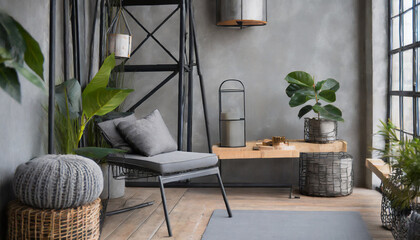 Scandinavian industrial haven. Charcoal tones, metal accents. Industrial-style furniture, clean lines. Feminine industrial touches like soft textiles and botanical artwork soften the industrial aesthe