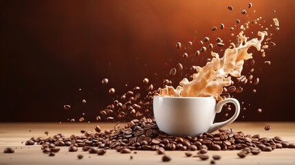 White coffee cup with splashes and flying beans on beige background, perfect for text placement