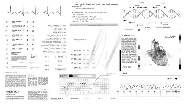 Medical HUD.White background.Sceleton MRI x ray Scan, 3D Model Animation. Analyzing cardiac diagnosis.DNA. Heard rate monitor. Futuristic Technological Interface. Healthcare