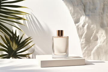 Transparent perfume bottle with white label on stone plate.