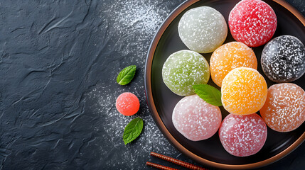Color Mochi Japanese dessert isolated on top view black background with copy space for text