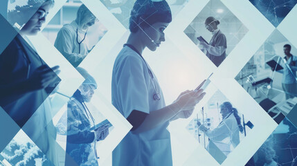 Healthcare professionals are seen through a geometric fragmented glass effect,