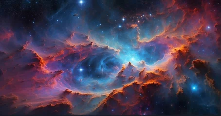 Fotobehang A scene showcasing a vibrant nebula, with swirling gases, newborn stars, and pillars of cosmic dust, resembling a cosmic nursery for star formation - Generative AI © Huzaifa