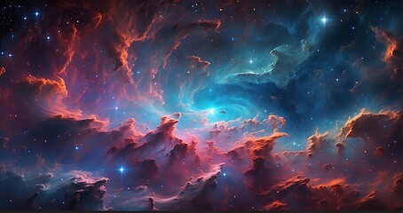Fototapeta na wymiar A scene showcasing a vibrant nebula, with swirling gases, newborn stars, and pillars of cosmic dust, resembling a cosmic nursery for star formation - Generative AI