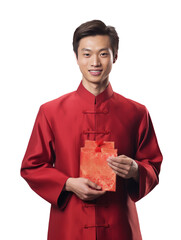 chinese men holding red envelope on transparent background,generative ai