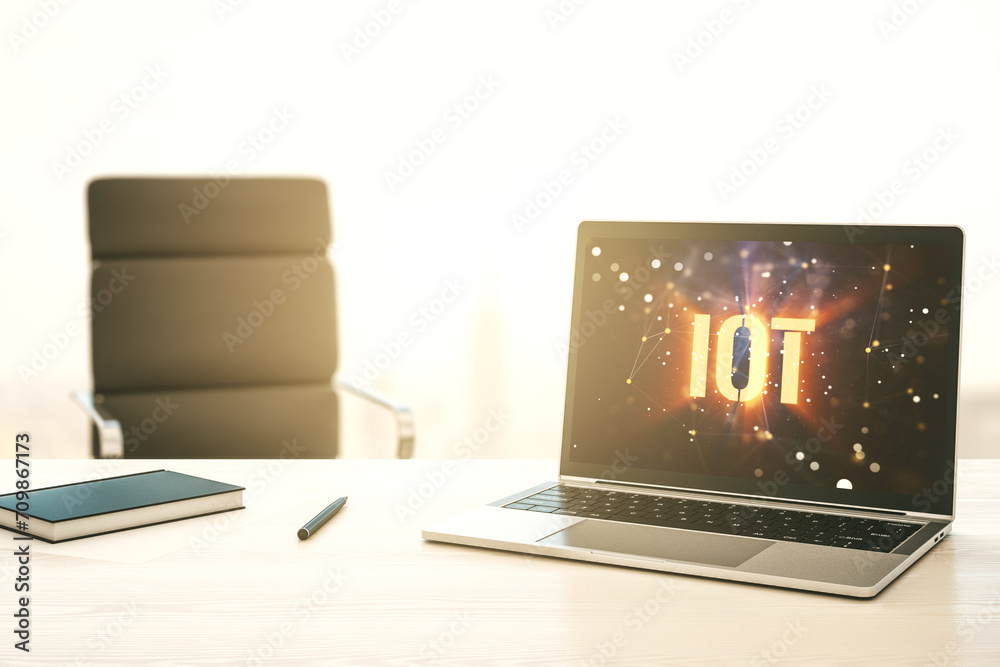 Poster creative iot concept on modern laptop screen. 3d rendering