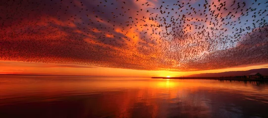 Fotobehang A mesmerizing murmuration: Flock of birds flying in the orange sunset sky. © EdNurg