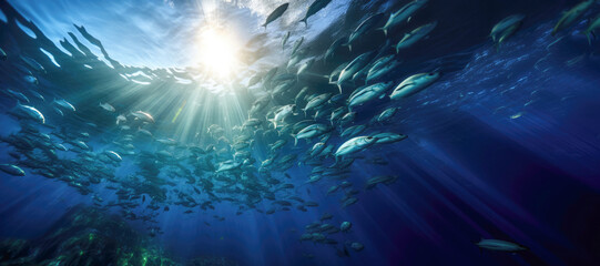 Underwater spectacle: School of fish in the blue depths of the ocean.