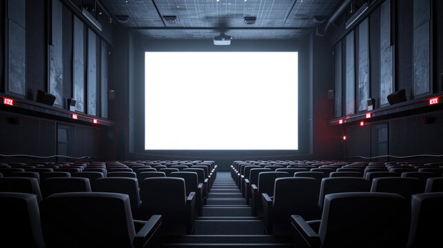 Empty cinema theater with rows of red seats facing a large blank movie screen, ready for a film to be projected.