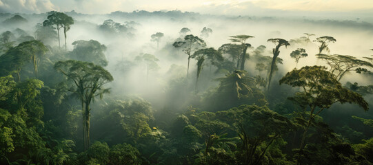 Aerial view of a mist-covered forest in the morning, creating a scenic landscape.