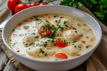 Fish cream soup with tomatoes in a white bowl