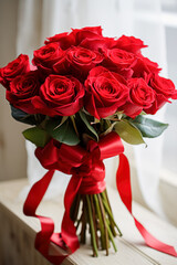 Beautiful red rose bouquet with red bow, vertical image
