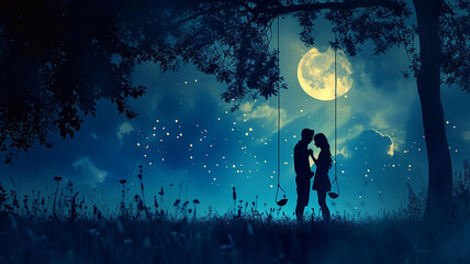 Couple Romance Night Blue light Big moon Valentines day background 