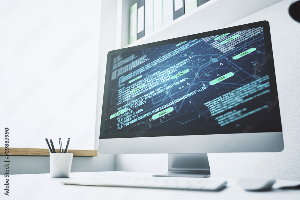 Aufkleber Modern computer display with abstract software development hologram, research and analytics concept. 3D Rendering