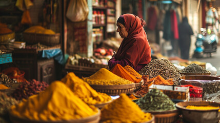 
an old woman wrapped in a red hejab chooses or sells spices, which are piled up in heaps of yellow and red on the market counter