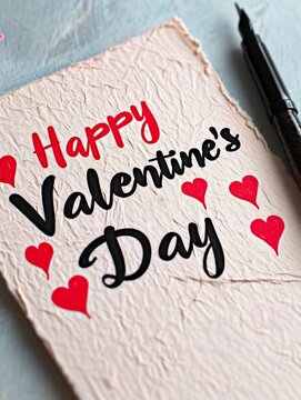 Handwritten Valentine's Day note with hearts and a pen