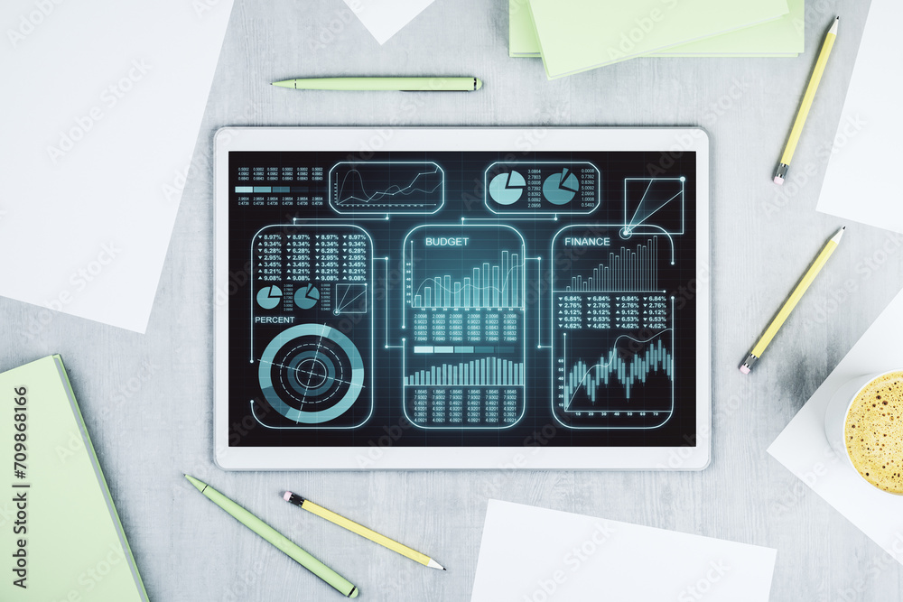 Fototapete Abstract creative stats data concept on modern digital tablet screen. Top view. 3D Rendering
