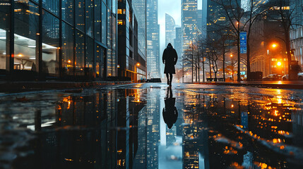 silhouette of a lonely person walking along a wet city deserted street after rain