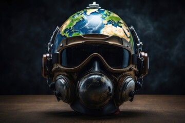 A Symbolic Imagery of Global Safety and Environmental Consciousness with Earth Wearing a Safety Helmet and a Protective Mask, World Day for Safety and Health at Work