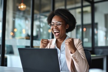 Fototapeta na wymiar Excited successful young African American business woman winner executive looking at laptop computer celebrating financial goals achievement, happy about good professional work, Generative AI
