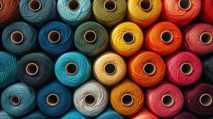 Closeup of colourful cotton reels for sewing machines