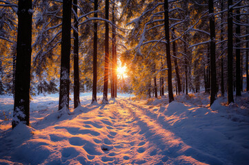 Snowy landscape with sunbeam coming through some trees