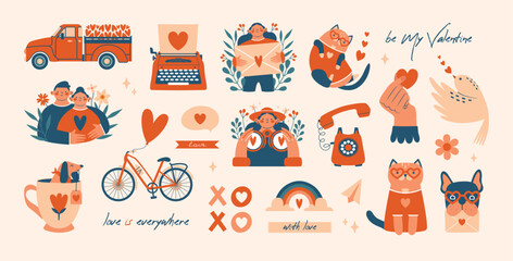 Big set of creative clip arts to Saint Valentine's Day. Cute cartoon persons, lovers, couple, woman and man, posing, hugging. Illustrations of typewriter, pickup with hearts, bicycle, dog, cat, mail. - obrazy, fototapety, plakaty