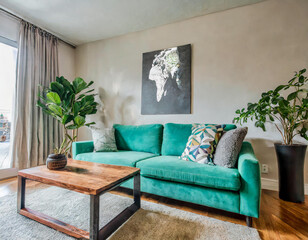A sleek Scandinavian living room, featuring a designer mint sofa, modern furniture, mock-up poster map, vibrant plants, and tasteful personal accessories for a curated and stylish ambiance.