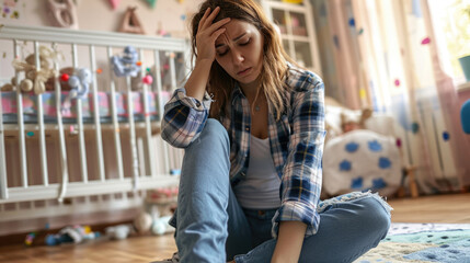 Distressed young woman sitting on the floor with her head in her hands, with a crib and children&#x27;s toys in the background, suggesting a sense of overwhelming stress or exhaustion related to childcare.